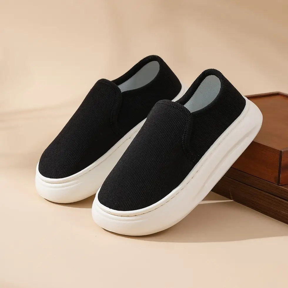 Casual Style Thick-Soled Cloth Shoes for Men and Women, Breathable Slip-On Black Lazy Shoes, Comfortable, Non-Slip, Sweat-Absorbent, Hemp-Soled, Spring and Autumn Style