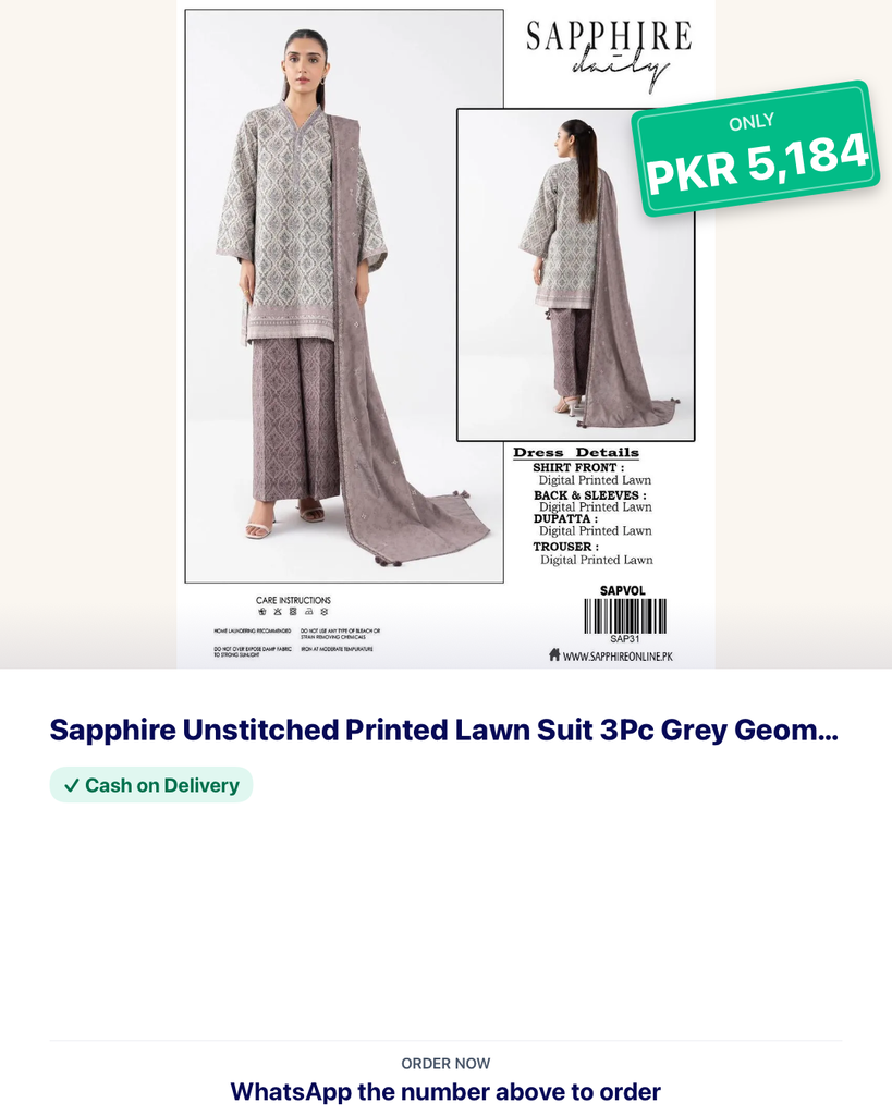 Sapphire Unstitched Printed Lawn Suit 3Pc Grey Geometric